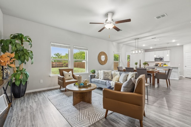 living room featuring ceiling fan and hardwood / wood-style flooring