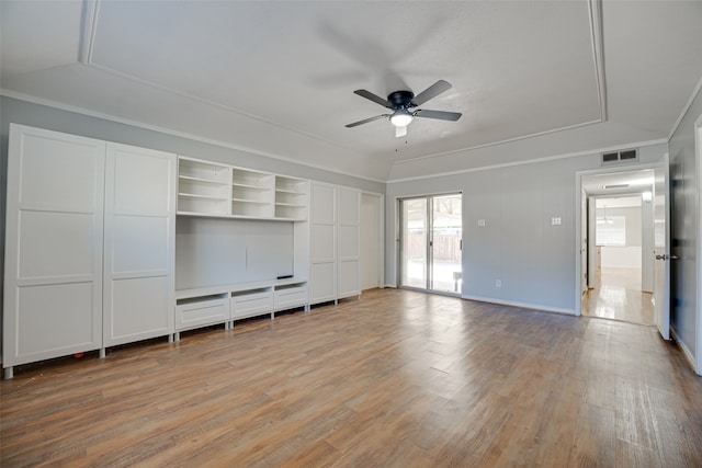 interior space featuring crown molding, hardwood / wood-style floors, and ceiling fan