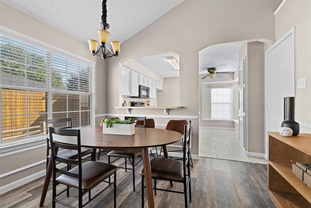 dining room with hardwood / wood-style flooring, ceiling fan with notable chandelier, a textured ceiling, and a healthy amount of sunlight