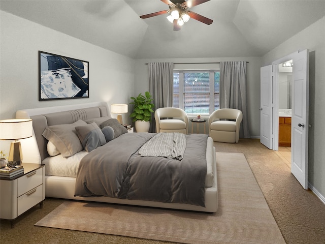 bedroom with light carpet, vaulted ceiling, ceiling fan, and ensuite bathroom