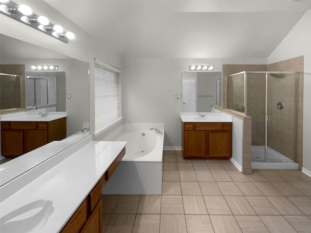 bathroom with vanity, separate shower and tub, and tile patterned floors