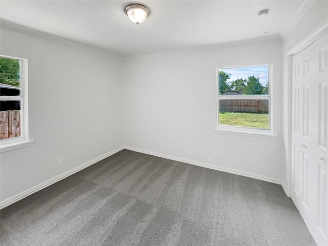 carpeted spare room with crown molding