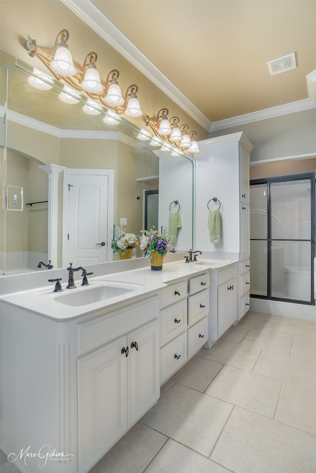 bathroom with vanity, tile patterned floors, and ornamental molding