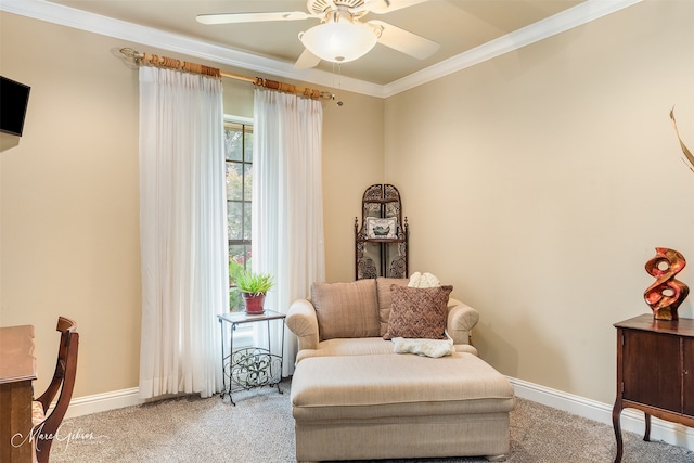 living area with light carpet, ceiling fan, and crown molding