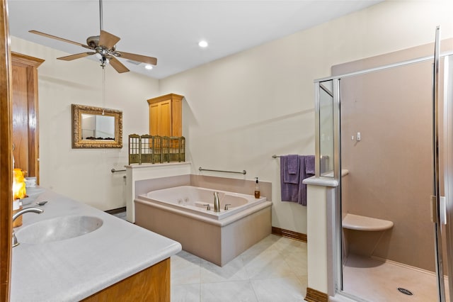 bathroom featuring tile patterned floors, vanity, ceiling fan, and shower with separate bathtub