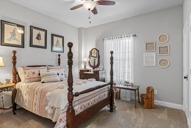 bedroom with ceiling fan and carpet floors