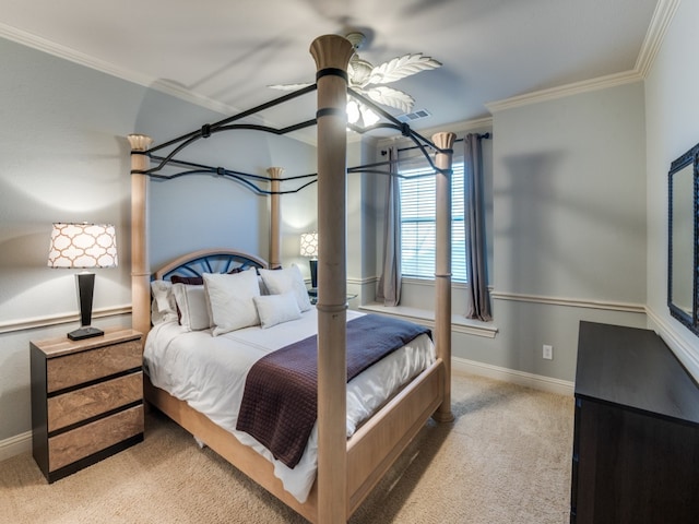 bedroom with ornamental molding, light carpet, and ceiling fan