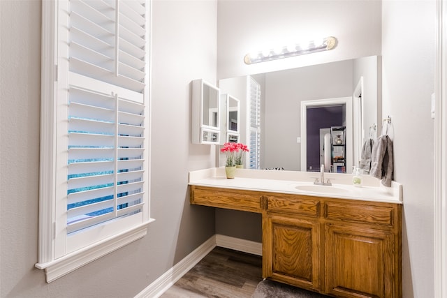 bathroom with vanity and hardwood / wood-style floors