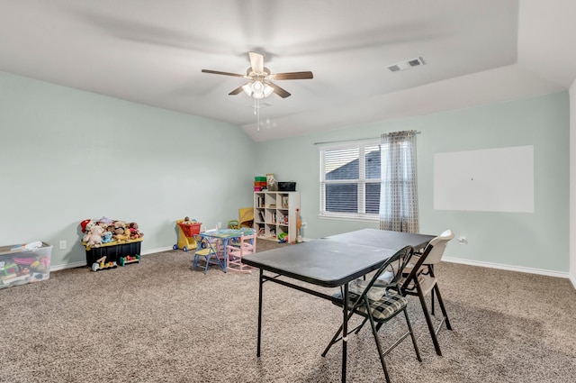 recreation room featuring ceiling fan, carpet, and lofted ceiling