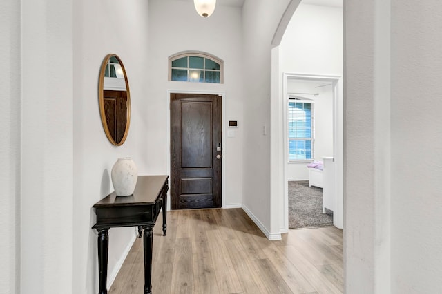 foyer featuring a towering ceiling and light hardwood / wood-style floors