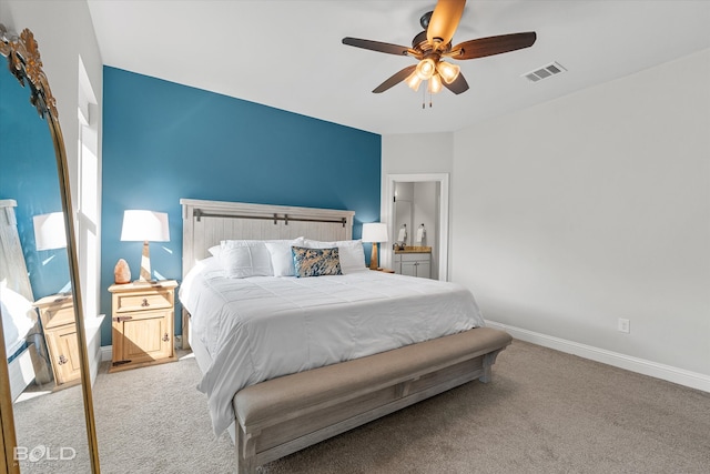 bedroom featuring ceiling fan and light colored carpet