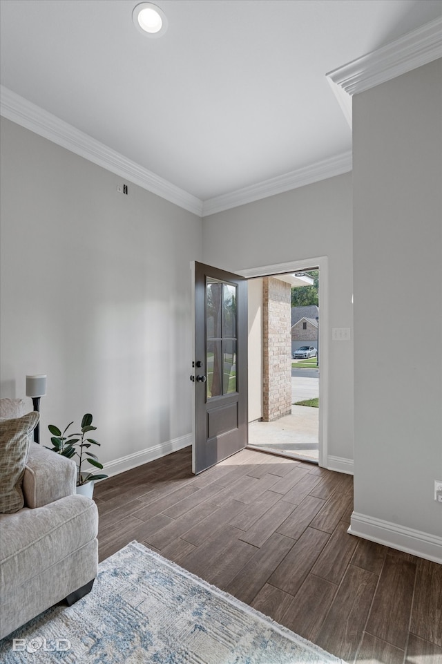 interior space with crown molding and dark wood-type flooring