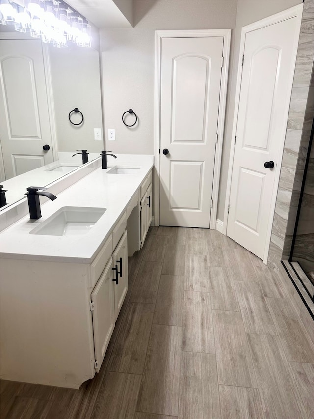 bathroom with wood-type flooring and vanity