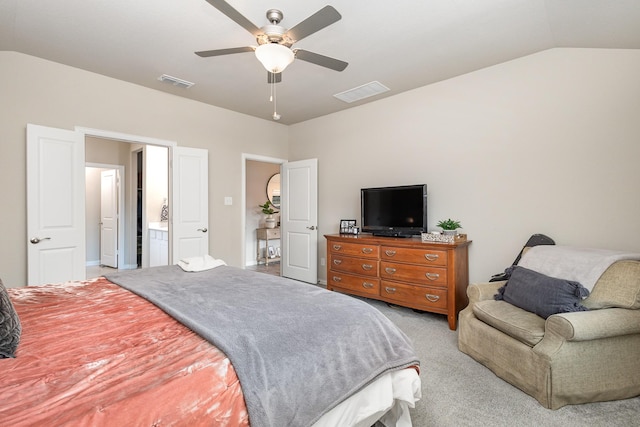 641 Fletcher Dr, Fate, TX 75087 - bedroom featuring vaulted ceiling, visible vents, ceiling fan, and light carpet