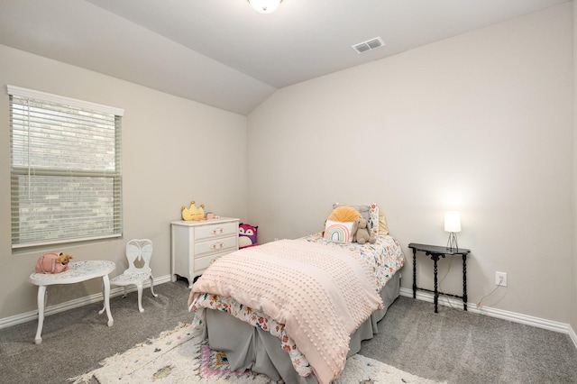 641 Fletcher Dr, Fate, TX 75087 - carpeted bedroom featuring lofted ceiling, visible vents, and baseboards