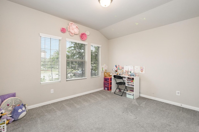 641 Fletcher Dr, Fate, TX 75087 - game room featuring vaulted ceiling, baseboards, and carpet