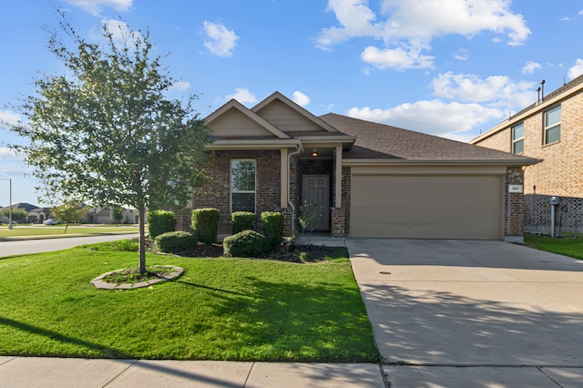 craftsman inspired home featuring a front lawn and a garage