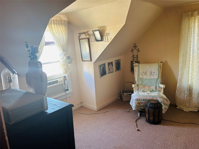 interior space with cooling unit, lofted ceiling, and carpet