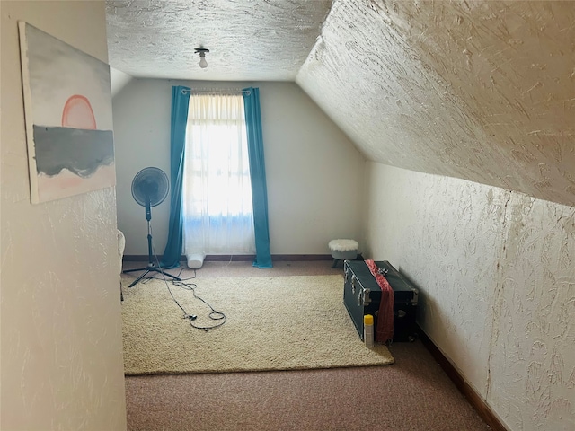 bonus room featuring a textured ceiling, lofted ceiling, and carpet flooring