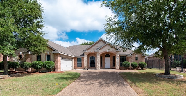 ranch-style home featuring a garage and a front yard