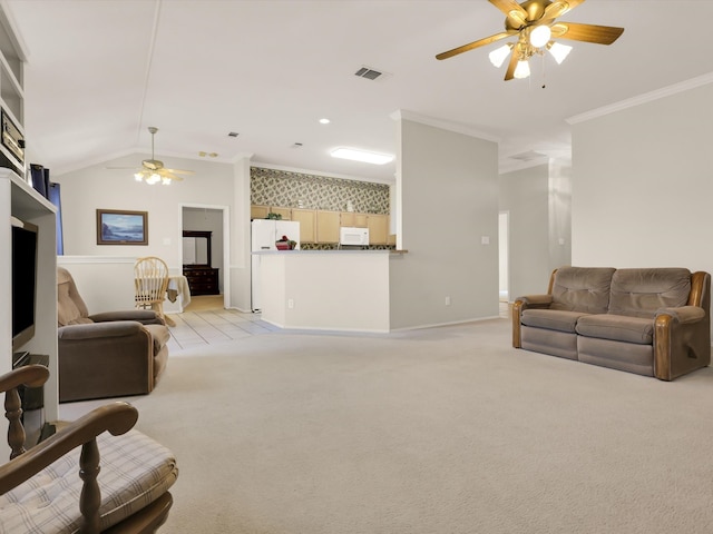 carpeted living room featuring ceiling fan, lofted ceiling, and crown molding