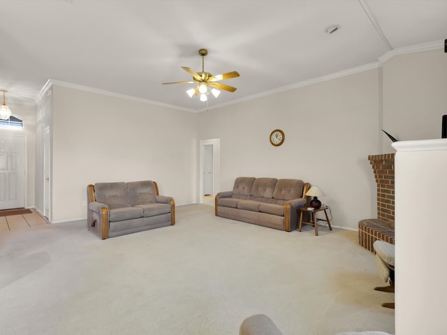 carpeted living room with crown molding, ceiling fan, and a brick fireplace