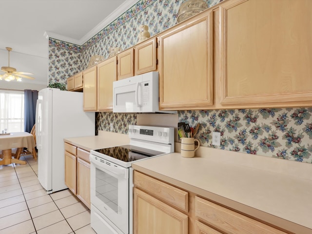 kitchen with ceiling fan, light tile patterned floors, white appliances, light brown cabinetry, and crown molding