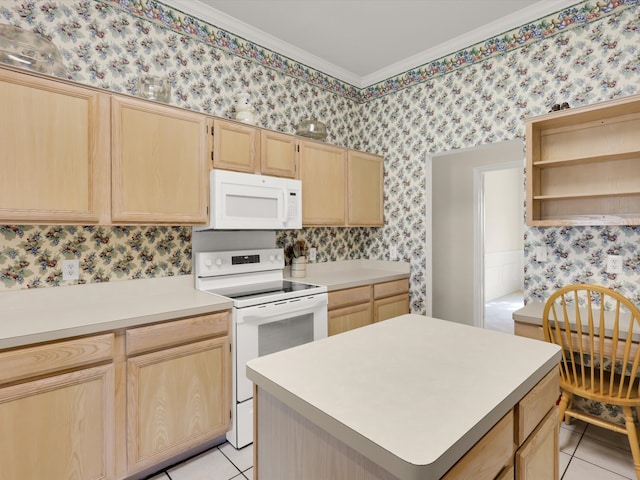 kitchen with light tile patterned floors, ornamental molding, white appliances, a center island, and light brown cabinetry