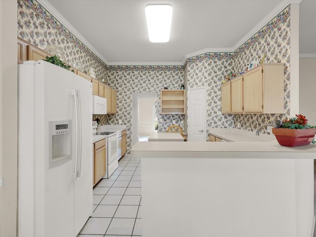 kitchen with light brown cabinets, light tile patterned floors, kitchen peninsula, white appliances, and crown molding