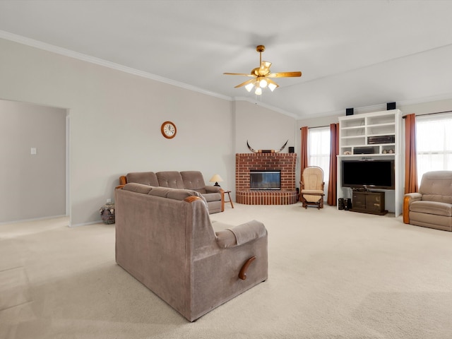 living room featuring a brick fireplace, ceiling fan, light colored carpet, and a healthy amount of sunlight