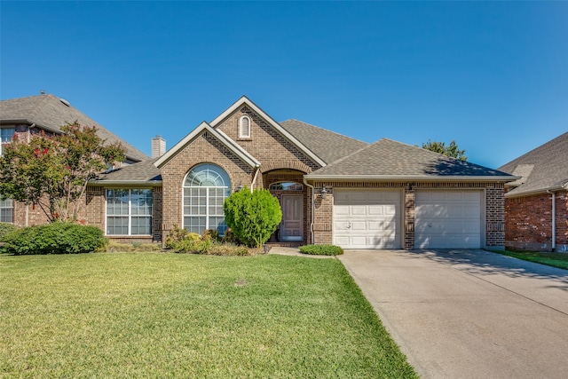 view of front of house featuring a front yard and a garage