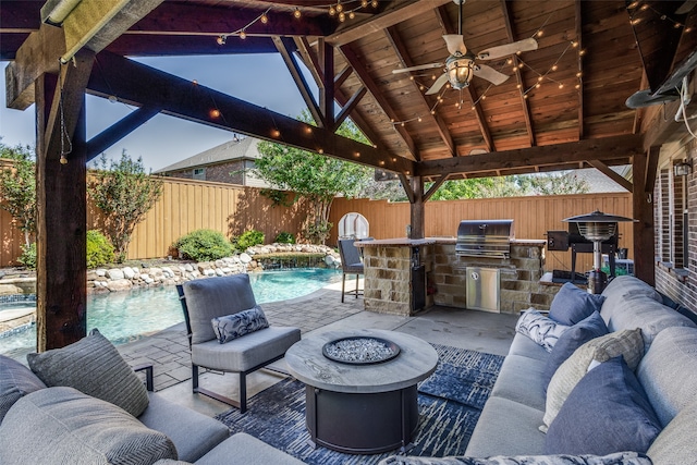 view of patio with an outdoor living space with a fire pit, a gazebo, ceiling fan, a fenced in pool, and a grill