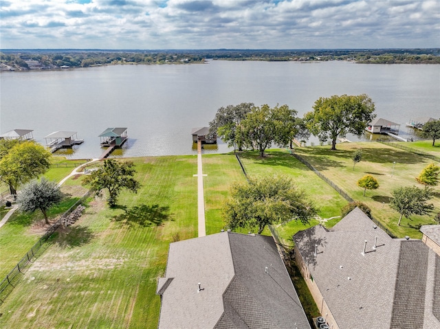 bird's eye view with a water view