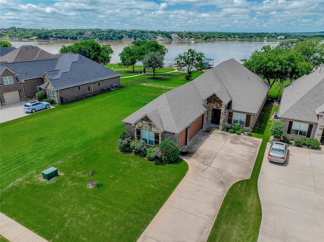 aerial view featuring a water view