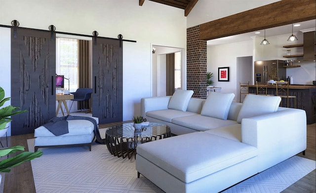 living room featuring a barn door, wood-type flooring, beamed ceiling, and high vaulted ceiling