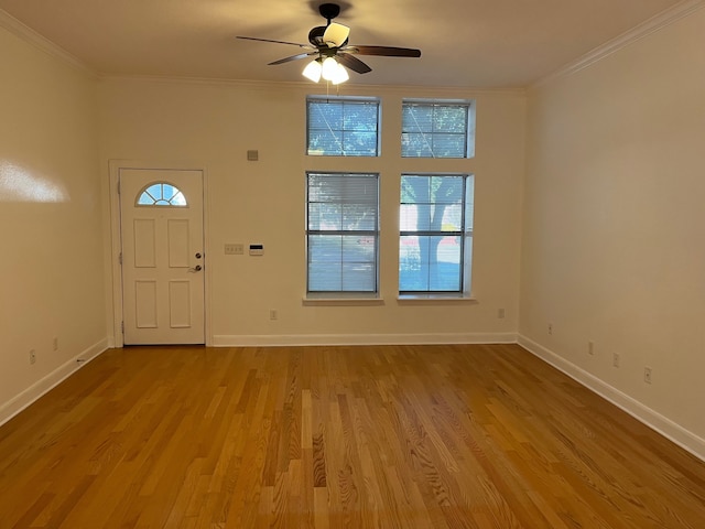 foyer entrance featuring crown molding, ceiling fan, and light hardwood / wood-style flooring