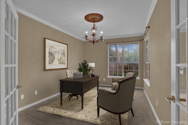 carpeted office featuring an inviting chandelier, crown molding, and french doors