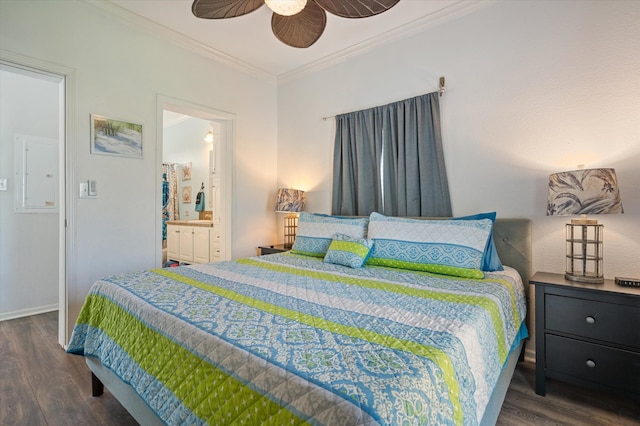 bedroom featuring ceiling fan, ornamental molding, connected bathroom, and dark wood-type flooring