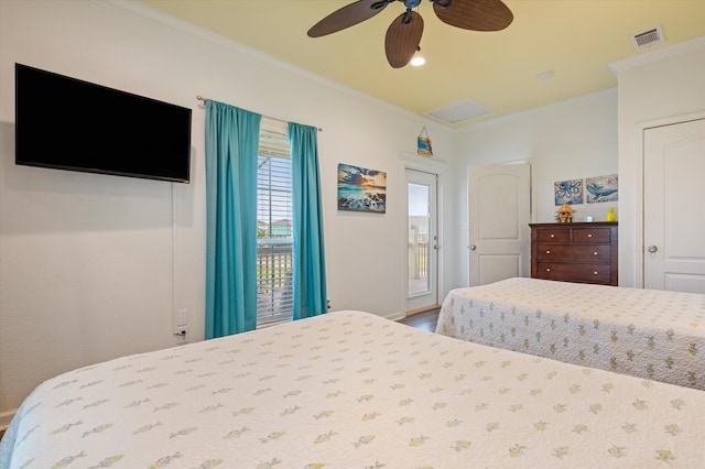 bedroom with ceiling fan, crown molding, and access to exterior