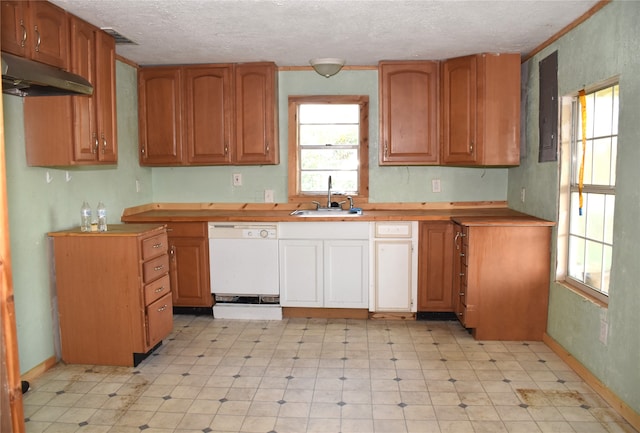 kitchen with dishwasher, a textured ceiling, electric panel, and sink