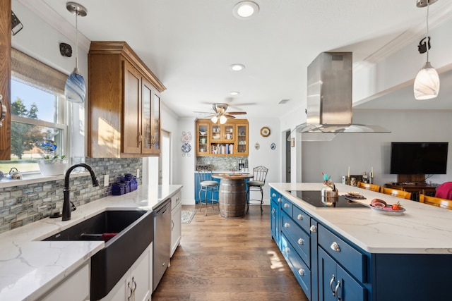 kitchen with black electric stovetop, light stone counters, exhaust hood, and dark hardwood / wood-style floors