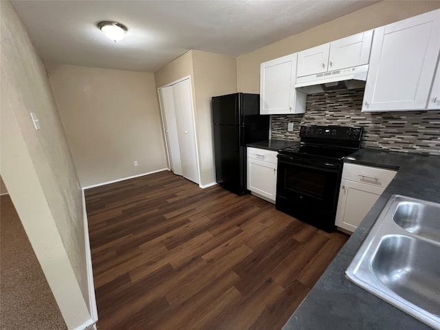 kitchen with black appliances, white cabinetry, sink, and dark wood-type flooring