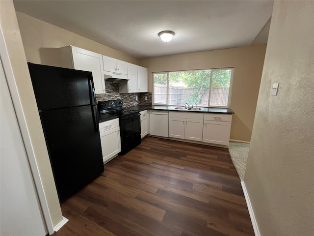 kitchen with sink, white cabinetry, black appliances, dark hardwood / wood-style flooring, and decorative backsplash