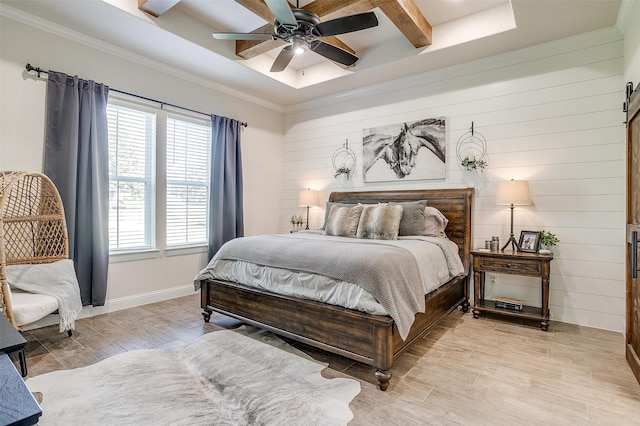 bedroom with light hardwood / wood-style floors, wooden walls, ceiling fan, and beamed ceiling