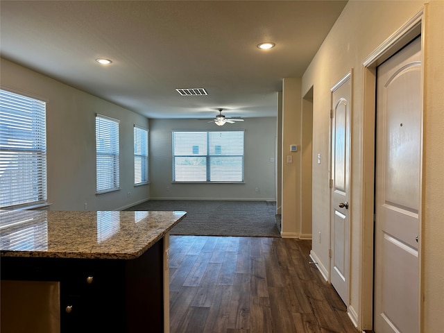 kitchen featuring dark hardwood / wood-style floors, ceiling fan, and light stone counters