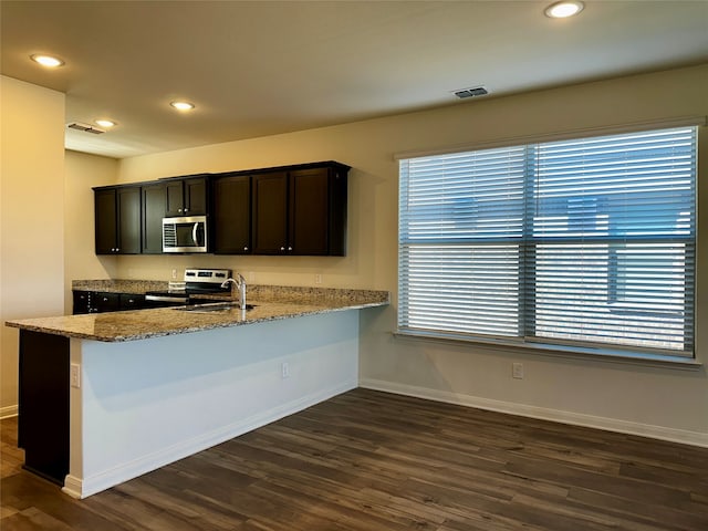 kitchen with stainless steel appliances, dark hardwood / wood-style flooring, and a wealth of natural light