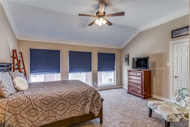 bedroom with ceiling fan, lofted ceiling, carpet, and multiple windows