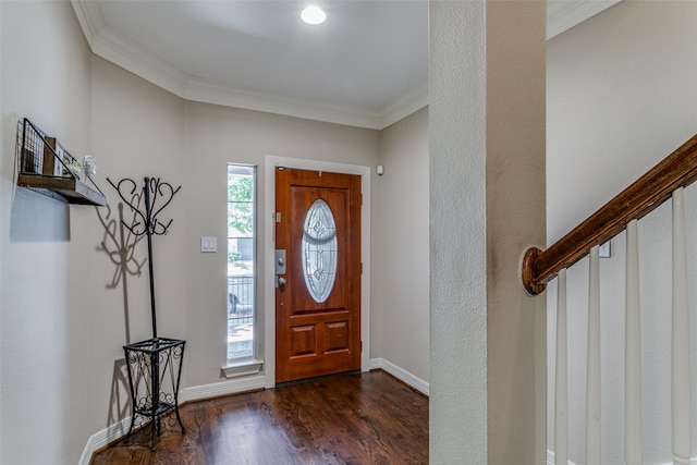 entryway with dark wood-type flooring and crown molding