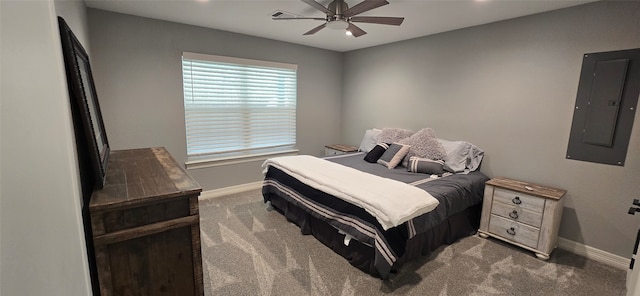 carpeted bedroom featuring electric panel and ceiling fan