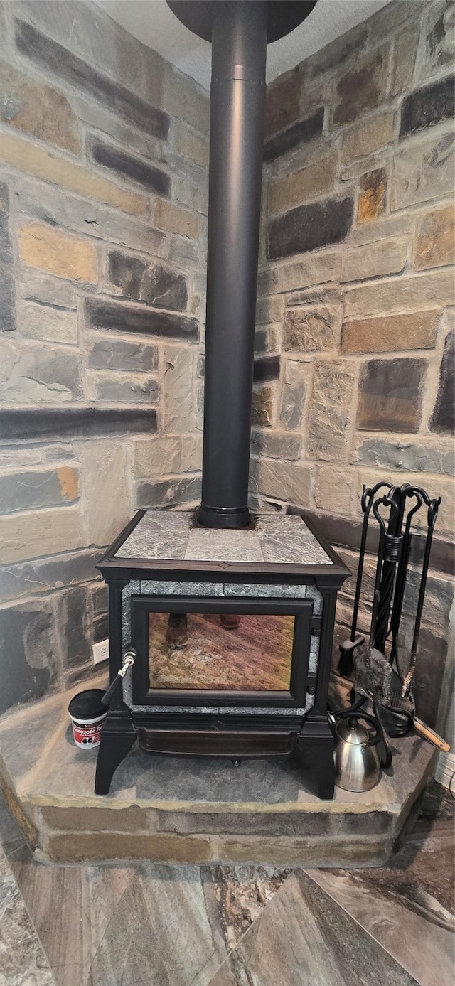 interior details with a wood stove